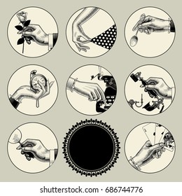 Set of round images in vintage engraving style with body parts and accessories. Retro business icons. Vector illustration