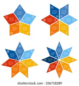 Set of round infographic banners with 5, 6, 7, 8 parts. Vector paper progress steps for tutorial. Number banner templates. Business concept sequence banners. EPS10 star layout.