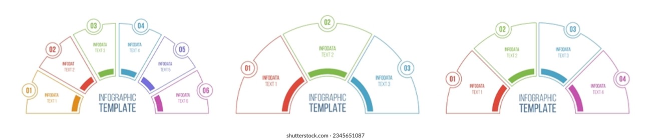 Set of round infographic charts. Infographic design template with 3, 4 and 6 options. Semicircle form pie charts. Infographic vector template. Circular charts. Сolor diagram. Vector illustration.