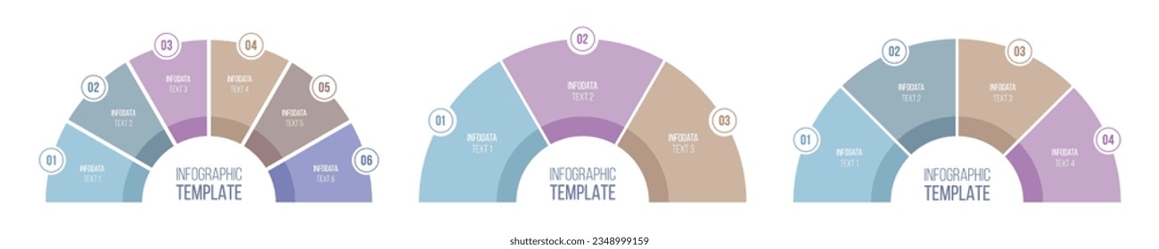 Conjunto de gráficos infográficos redondos. Plantilla de diseño infográfico con 3, 4 y 6 opciones. Gráficos circulares de semicírculo. Plantilla vectorial infográfica. Gráficos circulares. diagrama С color. Ilustración vectorial.