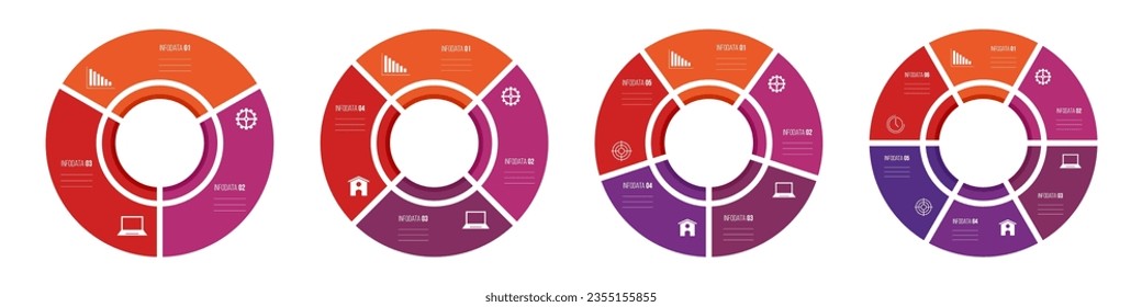 Set of round infographic charts, vector templates. Circles with 3, 4, 5 and 6 options. Circular charts. Process charts, cycle diagrams for business presentation, report, data visualization. Vector col