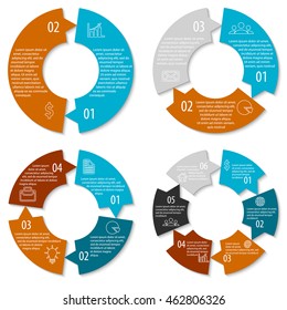 Set of round infographic diagram with arrows. Circles of 2, 3, 4, 6 elements. Vector EPS10