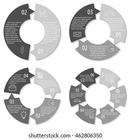 Set of round infographic diagram with arrows. Circles of 2, 3, 4, 6 elements. Vector EPS10