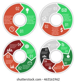 Set of round infographic diagram with arrows. Circles of 2, 3, 4, 6 elements. Vector EPS10