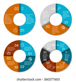 Set of round infographic diagram. Circles of 2, 3, 4, 6 elements. Vector EPS10