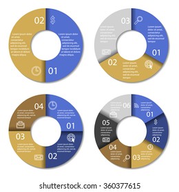 Set of round infographic diagram. Circles of 2, 3, 4, 6 elements. Vector EPS10