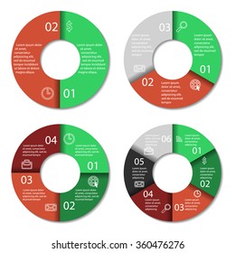 Set of round infographic diagram. Circles of 2, 3, 4, 6 elements. Vector EPS10 