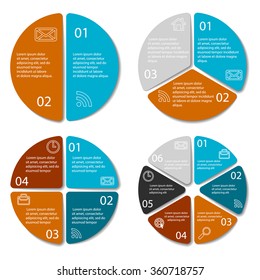 Set of round infographic diagram. Circles of 2, 3, 4, 6 elements. Vector EPS10 