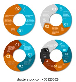 Set of round infographic diagram. Circles of 2, 3, 4, 6 elements. Vector EPS10 