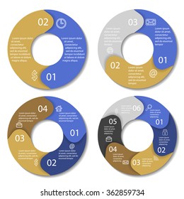 Set of round infographic diagram. Circles of 2, 3, 4, 6 elements. Vector EPS10