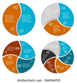 Set of round infographic diagram. Circles of 2, 3, 4, 6 elements. Vector EPS10