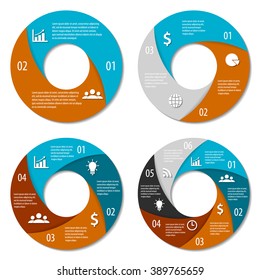 Set of round infographic diagram. Circles of 2, 3, 4, 6 elements. Vector EPS10