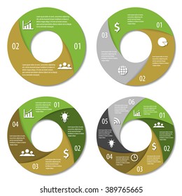 Set of round infographic diagram. Circles of 2, 3, 4, 6 elements. Vector EPS10
