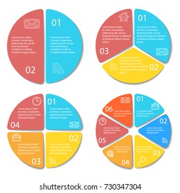 Set of round infographic diagram. Circles of 2, 3, 4, 6 elements or steps. Vector EPS10