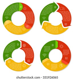 Set of round infographic diagrams with arrows. Circular connected charts with 3 options. Progress steps for tutorial. Business concept sequence banners, process layouts. EPS10 vector collection.