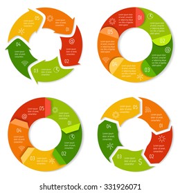 Set of round infographic diagrams with arrows. Circular connected charts with 5 options. Progress steps for tutorial. Business concept sequence banners, process layouts. EPS10 vector collection.