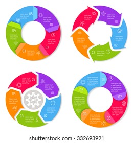 Set of round infographic diagrams with arrows. Circular connected charts with 5 options. Progress steps for tutorial. Business concept sequence banners, process layouts. EPS10 vector collection.