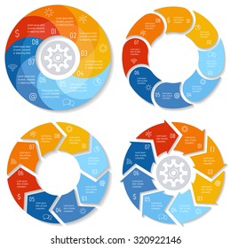 Set of round infographic diagrams. Circular connected charts with 8 options. Paper progress steps for tutorial. Business concept sequence banners. EPS10 workflow layout.