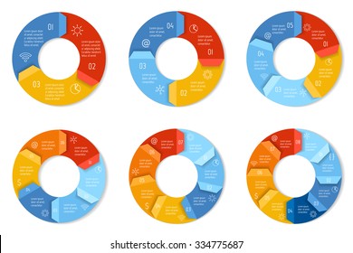 Set of round infographic diagrams. Circular connected charts with 3, 4, 5, 6, 7, 8 options. Progress steps for tutorial. Business concept sequence banners, process layouts. EPS10 vector collection.