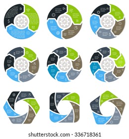 Set of round infographic diagrams. Circular connected charts with 3, 4, 5, 6, 7, 8 options. Progress steps for tutorial. Business concept sequence banners, process layouts. EPS10 vector collection.