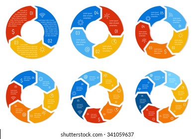 Set of round infographic diagrams. Circular connected charts with 3, 4, 5, 6, 7, 8 options. Progress steps for tutorial. Business concept sequence banners, process layouts. EPS10 vector collection.