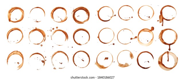 Set of round ink coffee stains isolated on beige background. Vector set collection of circles, splashes and spot for logo design. Watercolor hand drawn glass marks and stains.