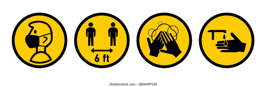 Set of Round Instruction Icons against the Spread of Coronavirus Covid-19, including Wear a Face Mask, Keep Your Distance 6 ft or 6 Feet, Wash Your Hands and Sanitize Your Hands. Vector Image.