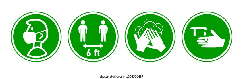Conjunto de íconos de instrucción redonda contra la propagación del coronavirus Covid-19, incluyendo el uso de una máscara facial, mantener su distancia a 2 pies o 6 pies, lavar sus manos y santificar sus manos. Imagen vectorial.