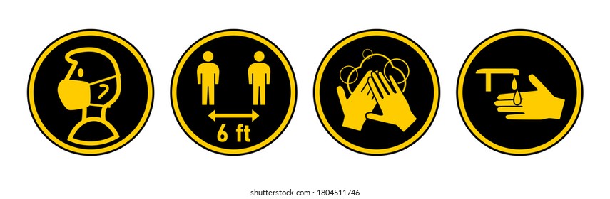 Set of Round Instruction Icons against the Spread of Coronavirus Covid-19, including Wear a Face Mask, Keep Your Distance 6 ft or 6 Feet, Wash Your Hands and Sanitize Your Hands. Vector Image.