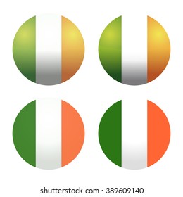 Set round Irish flags. Round Ireland flags. Ireland flag button. Flags of Ireland as round glossy icon. Buttons with Irish flag. Set of vector Irish flags isolated on white background.