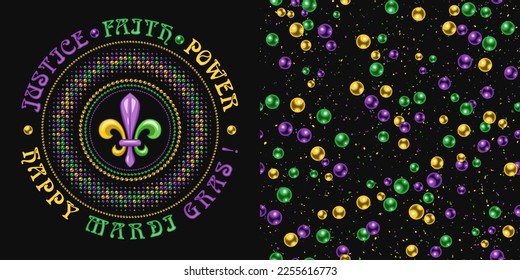 Set of round label, seamless pattern for Mardi gras carnival decoration. Fleur de lis, scattered beads, text on dark background. For prints, clothing, t shirt, holiday goods, stuff