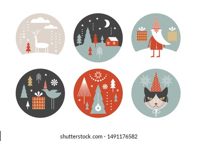 set of round label with winter and Christmas illustrations. Happy New Year, Greeting cards