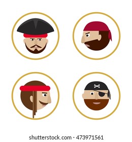 Set of round labels, badges or icons with pirates faces flat vector.