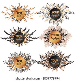 Set of round labels designed with floral branches. Vector elements