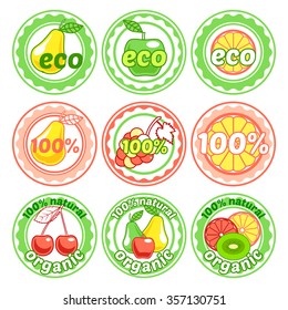 Set of round labels with fruits. Organic, 100% ecological, natural food badges in a flat style. Vector illustration isolated on white background.