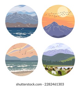 Set of round labels with landscapes. Circular vector minimalist illustrations with mountain and sea scene. 