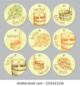 A set of round labels for marking of bathing goods. Advertizing of products for a sauna, bathing services. The place for your text. Window dressing in shop for a sauna. Inscriptions Good steam, bath