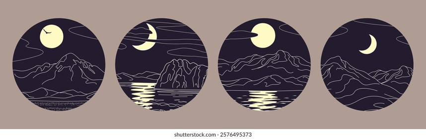 Set of round labels with nature landscape in line drawing. Circular vector minimalist illustrations with mountains, moon, sea and reflection on water. Simple serenity night scene with moon light.