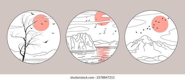 Set of round labels with nature landscape in line drawing. Circular vector minimalist illustrations with mountains, sun, sea and flying birds. Simple serenity scene with sunset.