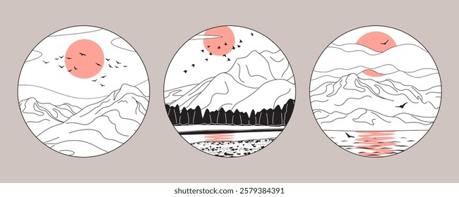 Set of round labels with nature landscape in line drawing. Circular vector minimalist illustrations with mountains, sun, sea and flying birds. Simple serenity scene with sunset.