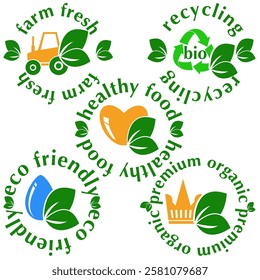 set of round labels of quality ecological organic natural 100% products