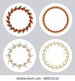 Set of round labels with roses. Vector clip art.