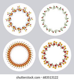 Set of round labels with roses. Vector clip art.
