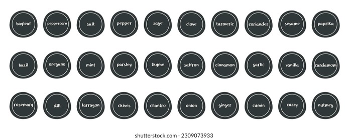 Set of round labels for spices and seasonings. Stickers for kitchen jars with salt, pepper, paprika, curry, etc. Vector minimalistic design.