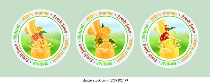 Set of round labels or stickers for fresh juice Mango, Orange, Peach. Flow of splash liquid with drops and sweet tropical fruit 3d realistic vector illustration on the background of nature. Package de