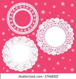 Set for round lace doily. Vector illustration. Background for celebrations, holidays, sewing, arts, crafts, scrapbooks, setting table, cake decorating.
