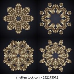 Set of round lace element in gold on a dark background.