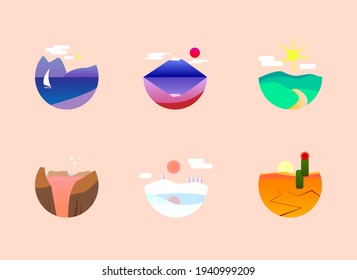 Un conjunto de ilustraciones de vectores de paisaje redondeado. Montañas, río, vistas al mar. Colinas, sol, luna. Iconos redondos. Diseño de resumen plano. Paisajes de estilo escandinavo. Gran conjunto de vectores de moda dibujados a mano 
