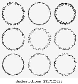Set of round laurel wreaths. Vector design elements. Flower border doodle line from hand drawn