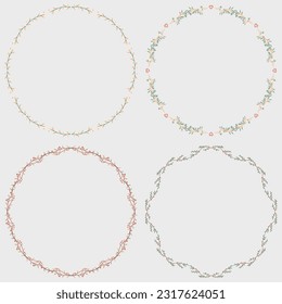 Set of round laurel wreaths. Vector design elements. Flower border doodle line from hand drawn